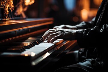 up close synthesizer playing pianist hands piano music keyboard hand instrument play musician black key white finger sound jazz musical player concert - obrazy, fototapety, plakaty