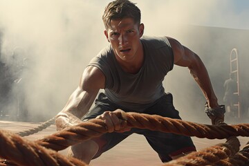 young man exercising using battle rope gym determination exercise training smoke dark functional sport active energy athlete equipment fitness physical healthy muscular power people stamina - obrazy, fototapety, plakaty