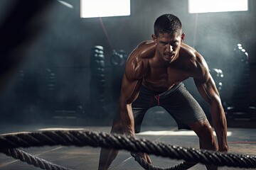 young man exercising using battle rope gym determination exercise training smoke dark functional sport active energy athlete equipment fitness physical healthy muscular power people stamina - obrazy, fototapety, plakaty