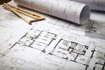 drawing project technical plan architectural rolls architect blueprint builder floor cad contractor print home engineering engineer wood vignetting paper plumbing facility proposal plotter - obrazy, fototapety, plakaty