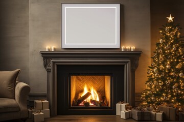 Naklejka premium Mock up of a blank frame above a fireplace