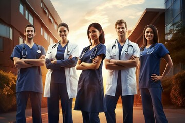 portrait medical team standing hospital group staff doctor nurse scrub surgeon stethoscope adviser exterior outdoors entrance clinic signs emergency room man male woman female occupation expertise - obrazy, fototapety, plakaty