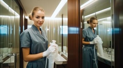 Obraz premium Cleaning time, A chambermaid is cleaning up a bathroom.