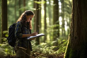 Fototapeten Caring for and preserving forests. Female forester walks around his territory and checks the safety of the trees. She holds a clipboard in his hands and writes down all the changes. © Stavros