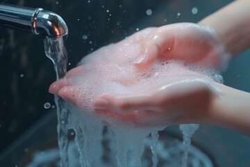 People use soap and washing hands under the water tap. Hygiene concept hand detail