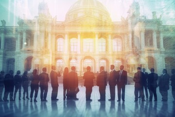 Fototapeta premium Double exposure on business people closing a deal with a handshake