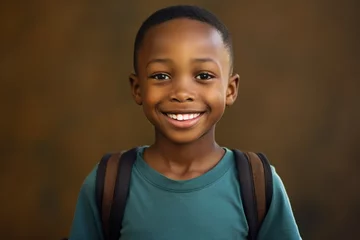Fotobehang boy school african Smiling student children black happy education study elementary primary young american smile learning academic looking cute standing cheerful pupil casual attire © akkash jpg