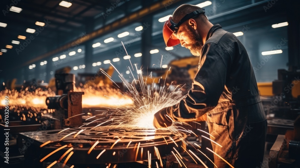 Poster a factory worker polishing and grinding a cut metal professional pipe with sparks in the workshop.