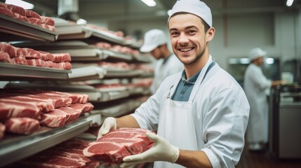 Meat industry worker gathering packed meat at a food factory, Food processing plant concept.