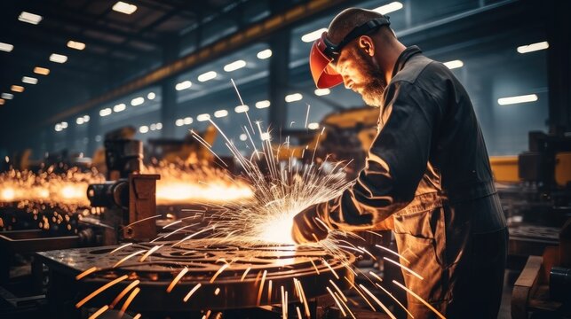 A factory worker polishing and grinding a cut metal professional pipe with sparks in the workshop.