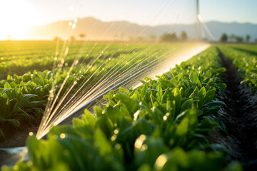 agricultural irrigation as sprinklers nourishes the fertile farmland in background of beautiful sunset sky.  Agriculture concept of industry and production. - obrazy, fototapety, plakaty