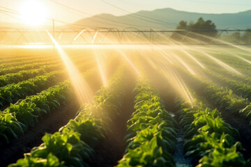 agricultural irrigation as sprinklers nourishes the fertile farmland in background of beautiful sunset sky.  Agriculture concept of industry and production.