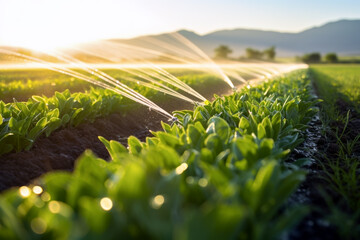 agricultural irrigation as sprinklers nourishes the fertile farmland in background of beautiful sunset sky.  Agriculture concept of industry and production. - obrazy, fototapety, plakaty
