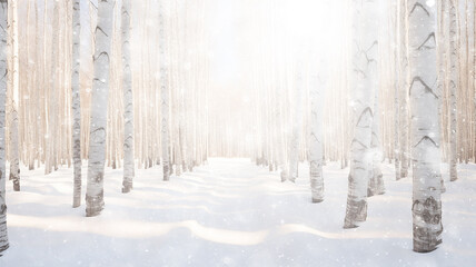 winter landscape, abstract background snowfall in the forest, white birch trees surrounded by snow, blurred background with a copy space