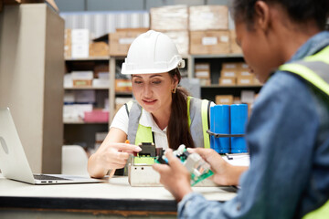 factory workers checking and fixing small machine or mainboard in the factory