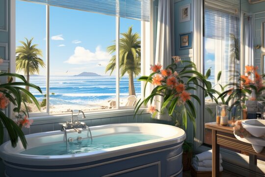 Illustration of a Bathroom with a View of the Sea