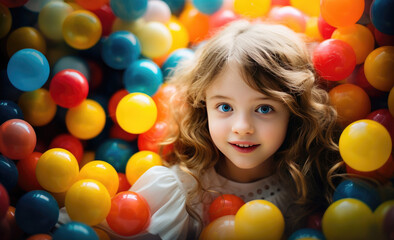 Fototapeta na wymiar small child in a pile of colorful balloons