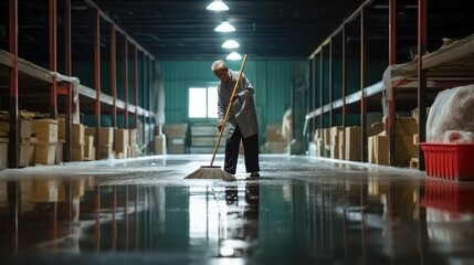 Male worker is cleaning factory hall. - obrazy, fototapety, plakaty
