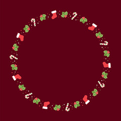 Round Christmas Frame Border, Winter Holiday Graphics. Cute Mistletoe, Santa Stocking and Candy Cane pattern, card and social media post template vector illustration.