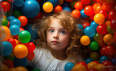 Fototapeta na wymiar small child in a pile of colorful balloons
