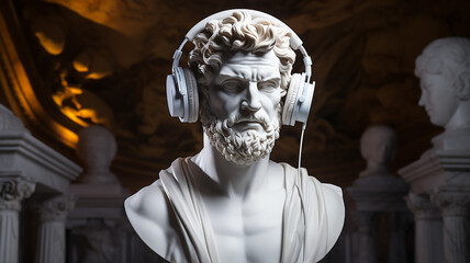 Obraz premium god listens to music, the head of an abstract fictional ancient male statue in modern music headphones, listens to music on a dark background, classical music