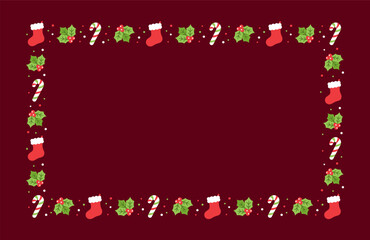 Rectangle Christmas Frame Border, Winter Holiday Graphics. Cute Mistletoe, Stocking and Candy Cane pattern, card and social media post template vector illustration.