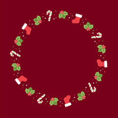 Round Christmas Frame Border, Winter Holiday Graphics. Cute Mistletoe, Santa Stocking and Candy Cane pattern, card and social media post template vector illustration.