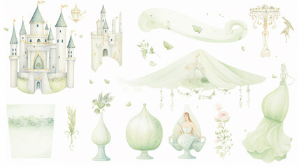 set collection of green delicate accessories of a fairy princess watercolor drawing isolated on a white background delicate soft mint color of spring - obrazy, fototapety, plakaty