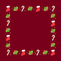 Square Christmas Frame Border, Winter Holiday Graphics. Cute Mistletoe and Candy Cane pattern, card and social media post template vector illustration.