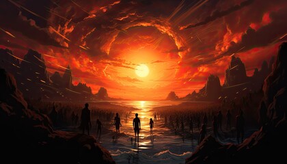 Obraz premium Illustration Depicting a Crowd Hastening to the Beach, Captivated by the Call of the Waves