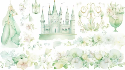 Fotobehang set collection of green delicate accessories of a fairy princess watercolor drawing isolated on a white background delicate soft mint color of spring © kichigin19