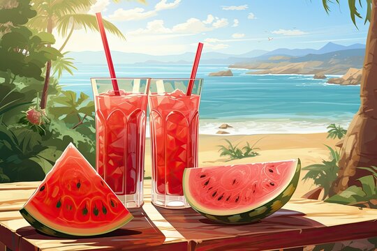 Illustration of Fresh Watermelon Juice on the Beach
