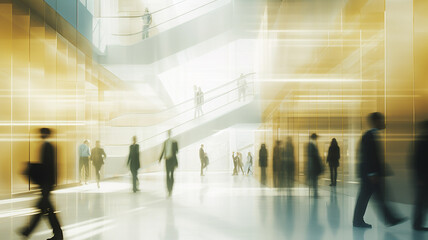 group of silhouettes of people blurred in motion on a golden glowing white background of a business center, a modern abstract interior of an office hall with a staircase