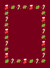 Vertical Rectangle Christmas Frame Border, Winter Holiday Graphics. Cute Mistletoe and Candy Cane pattern, card and social media post template vector illustration.