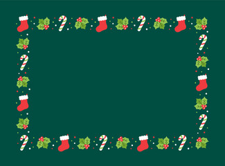 Rectangle Christmas Frame Border, Winter Holiday Graphics. Cute Mistletoe, Stocking and Candy Cane pattern, card and social media post template vector illustration.