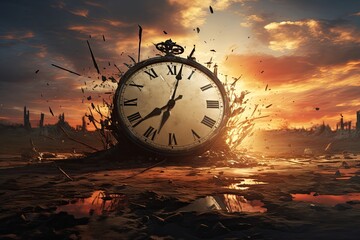 Time concept with clock in the sunset. 3d render illustration, Time getting destroyed, AI Generated