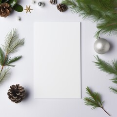 Top view of white 5 x 7 blank postcard on christmas background