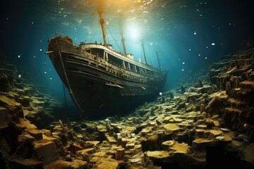 Sunken ship in the sea. Underwater world. 3d rendering, Titanic shipwreck lying silently on the ocean floor. The image showcases the immense scale of the shipwreck, with its fragmented, AI Generated - obrazy, fototapety, plakaty