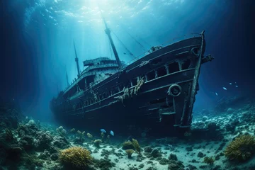 Poster Im Rahmen A view of the wreck of a sunken ship in the Red Sea, Titanic shipwreck lying silently on the ocean floor. The image showcases the immense scale of the shipwreck, AI Generated © Ifti Digital
