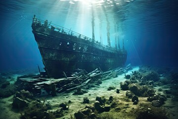 Sunken ship wreck in the blue ocean. Underwater view, Titanic shipwreck lying silently on the ocean floor. The image showcases the immense scale of the shipwreck, AI Generated