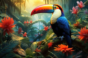 Toucan in the jungle. 3D rendering. Computer digital drawing, Toucan in the jungle,Tropical birds in nature, AI Generated