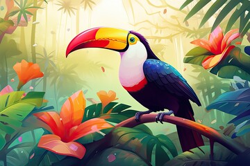Illustration of a beautiful toucan in the jungle with exotic flowers, Toucan in the jungle,Tropical birds in nature, AI Generated