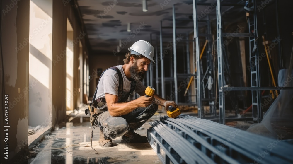 Poster electrician is install electricity at a building in construction process.