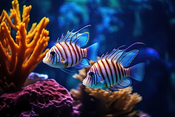 Tropical fish in an aquarium. Aquarium with colorful fish, Tropical fish in the aquarium....