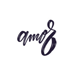 Obraz premium Amor lettering sign. Black color handwritten style love text.