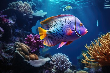 Naklejka na ściany i meble Underwater scene with colorful tropical fish and corals. Underwater world, Tropical fish on coral reef in ocean. Underwater scene, AI Generated
