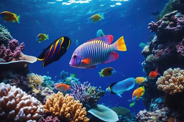 Naklejka na ściany i meble Tropical fish swimming in the coral reef of the Red Sea, Tropical fish on coral reef in ocean. Underwater scene, AI Generated