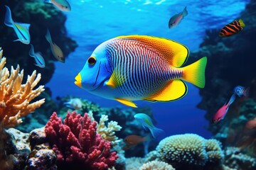 Naklejka na ściany i meble Colorful tropical fish swimming in the deep blue waters of the Red Sea, Tropical fish on coral reef in ocean. Underwater scene, AI Generated