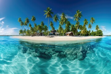 tropical island in Maldives with few palm trees and blue lagoon, Tropical island in Maldives at...