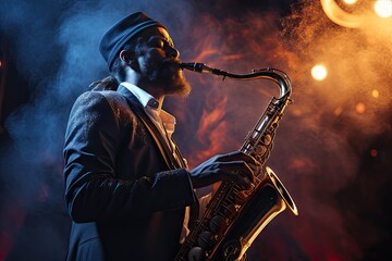 humo escenario sobre saxofonista saxophone saxophonist jazz musician music scene vintage black retro old smoke soul tab performer soloist subject perform public alone blues metal gold - obrazy, fototapety, plakaty